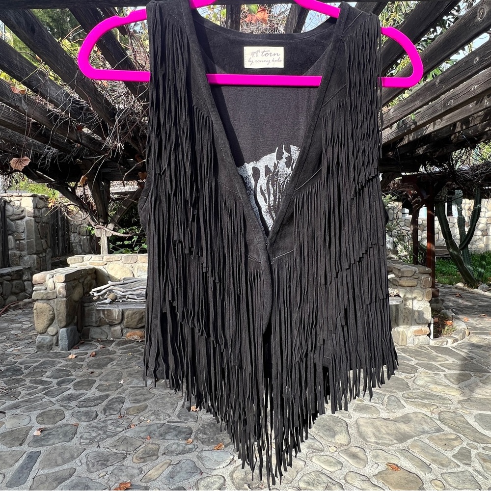 Torn by Ronny Kobo Black Suede Fringe Top Size Medium, Vintage Like New
